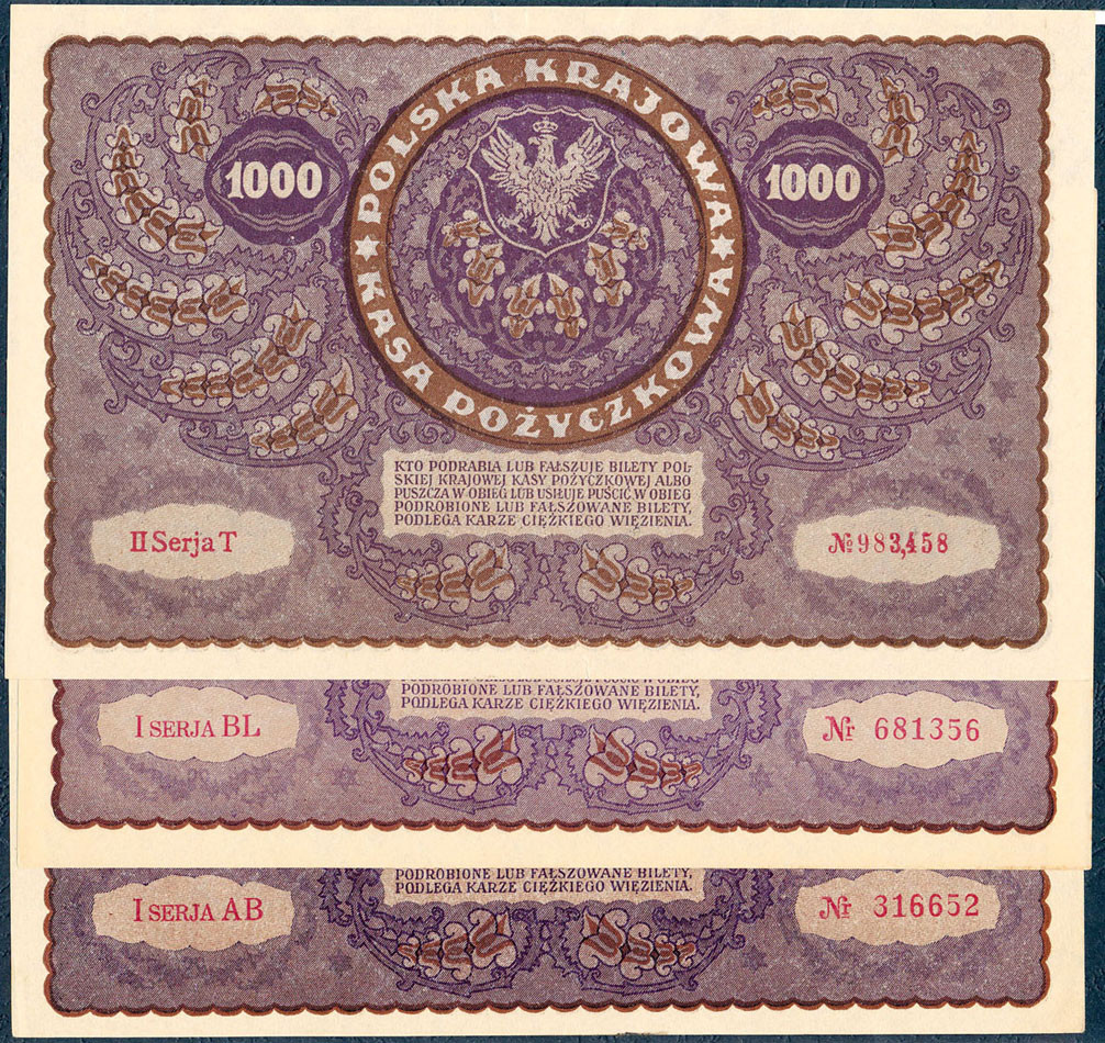 1000 marek polskich 1919, zestaw 3 banknotów